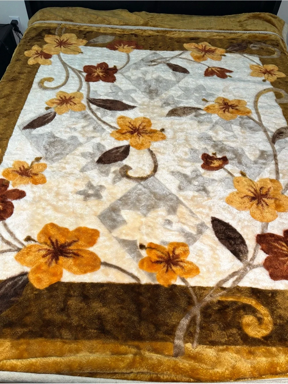 Vintage Floral Hawaiian Korean Mink Acrylic Plush Blanket Reversible 68x86” Full